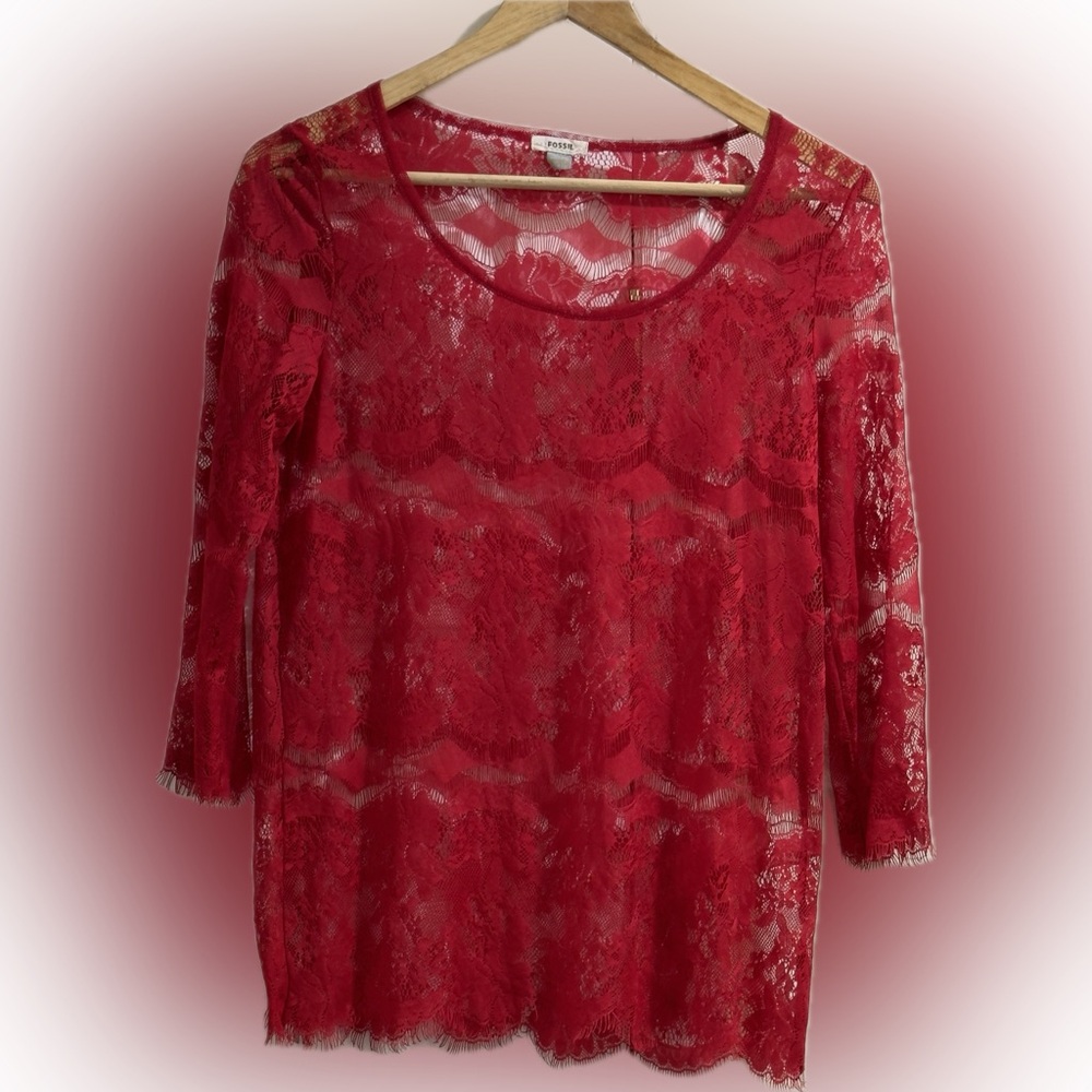Red Lace Top Fossil Eyelash Lace Sheer 3/4 Sleeved Size XSmall
